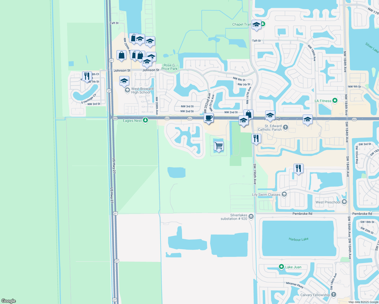 map of restaurants, bars, coffee shops, grocery stores, and more near 20414 Southwest 5th Street in Pembroke Pines
