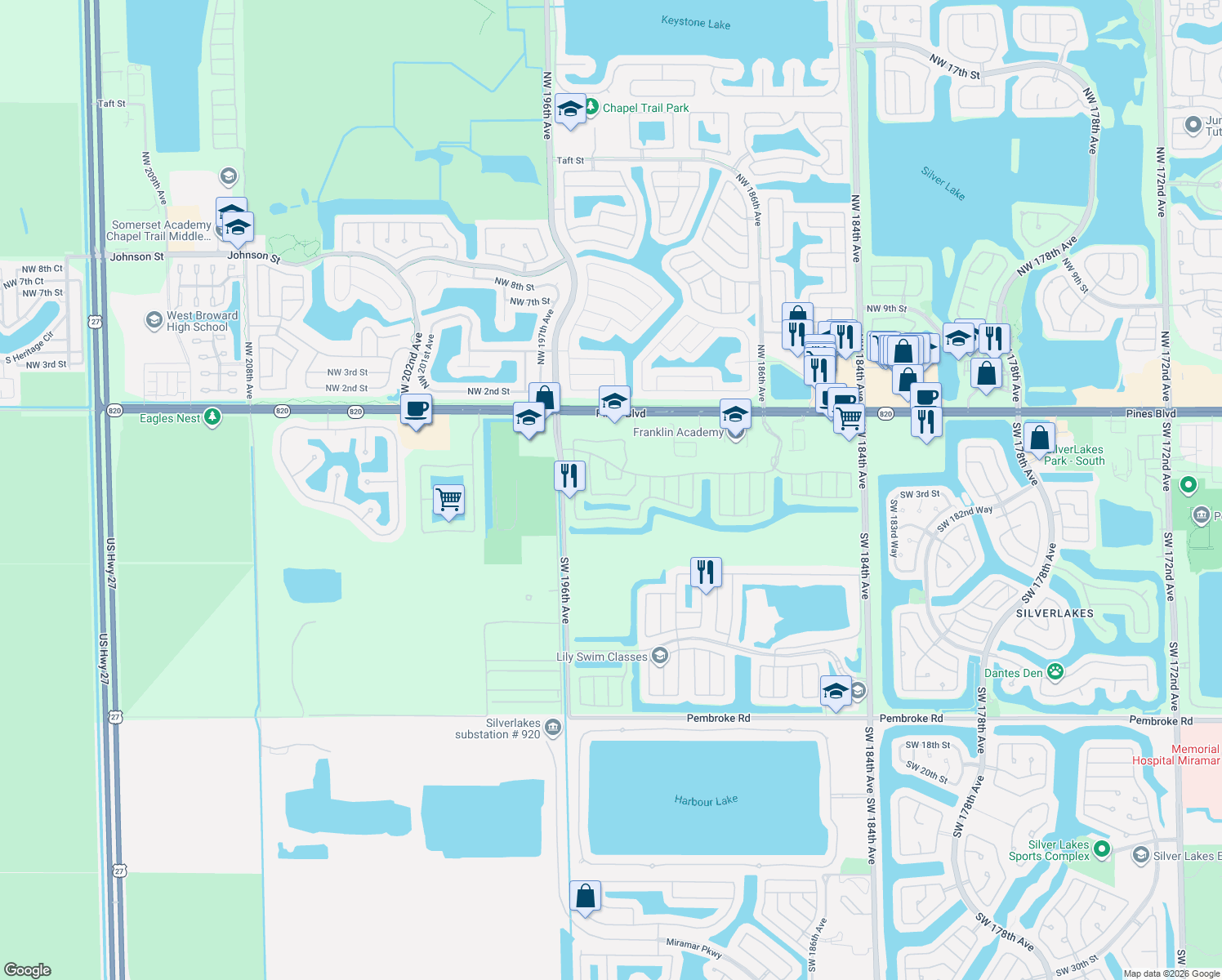 map of restaurants, bars, coffee shops, grocery stores, and more near 19243 Southwest 4th Street in Pembroke Pines