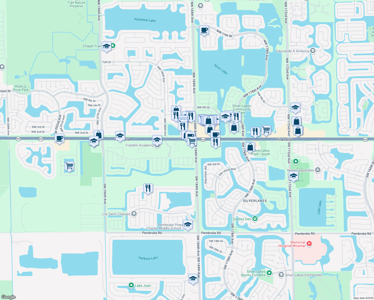 map of restaurants, bars, coffee shops, grocery stores, and more near 18460 Pines Boulevard in Pembroke Pines