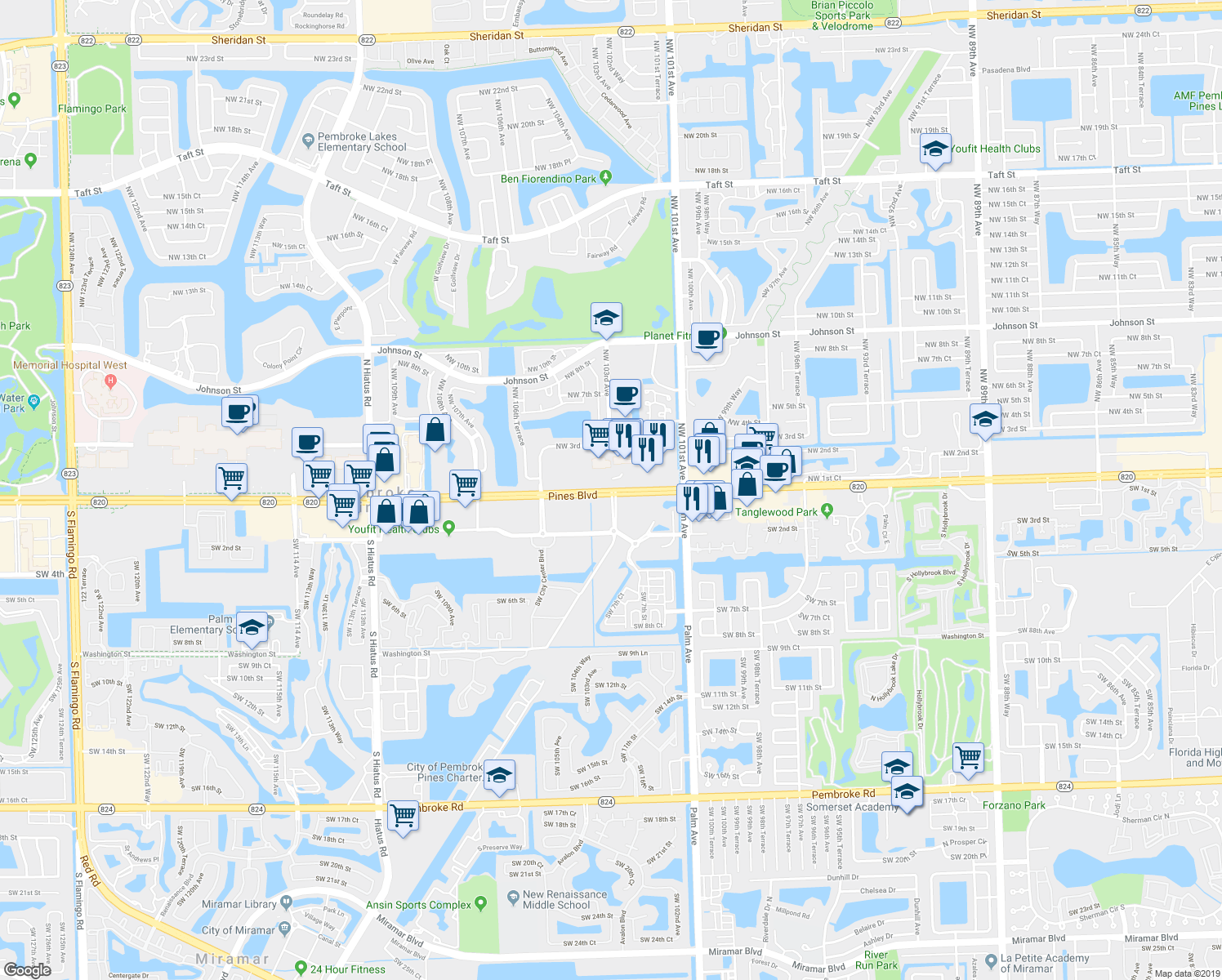 map of restaurants, bars, coffee shops, grocery stores, and more near 10251 Pines Blvd in Pembroke Pines