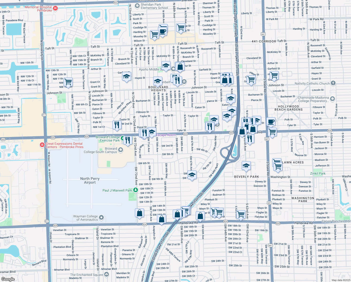 map of restaurants, bars, coffee shops, grocery stores, and more near 200 Southwest 68th Boulevard in Pembroke Pines