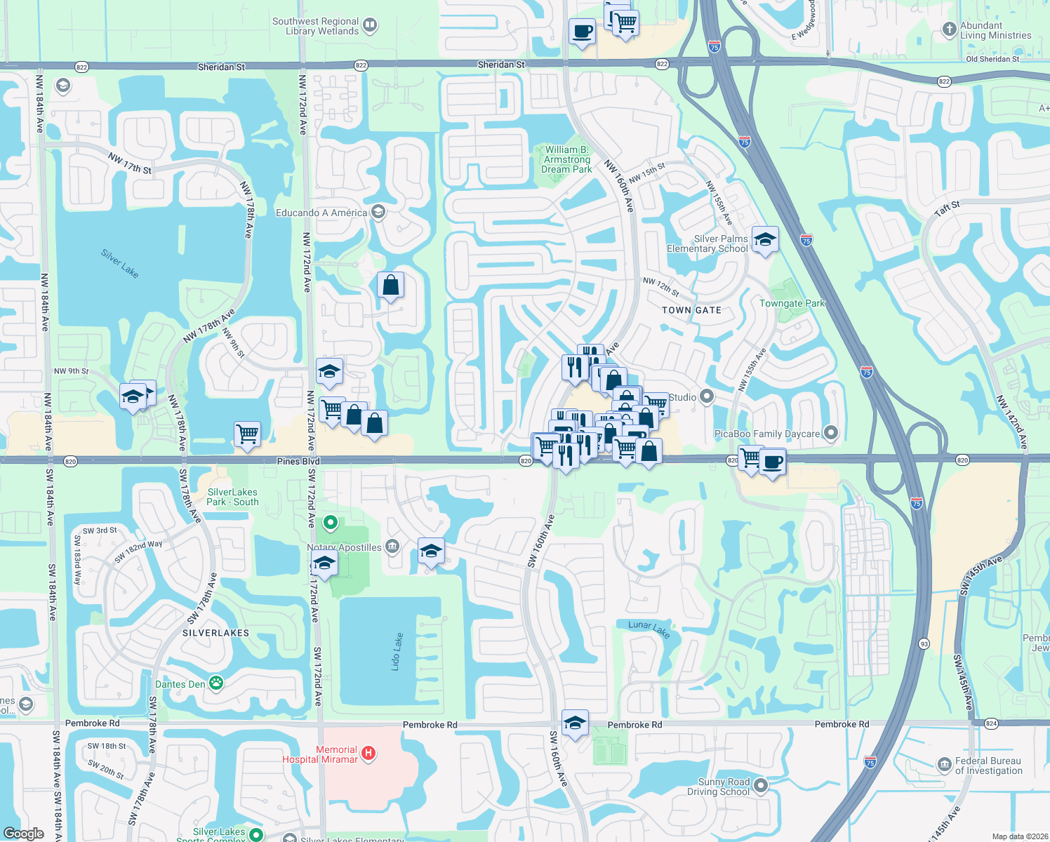 map of restaurants, bars, coffee shops, grocery stores, and more near 192 Northwest 162nd Avenue in Pembroke Pines