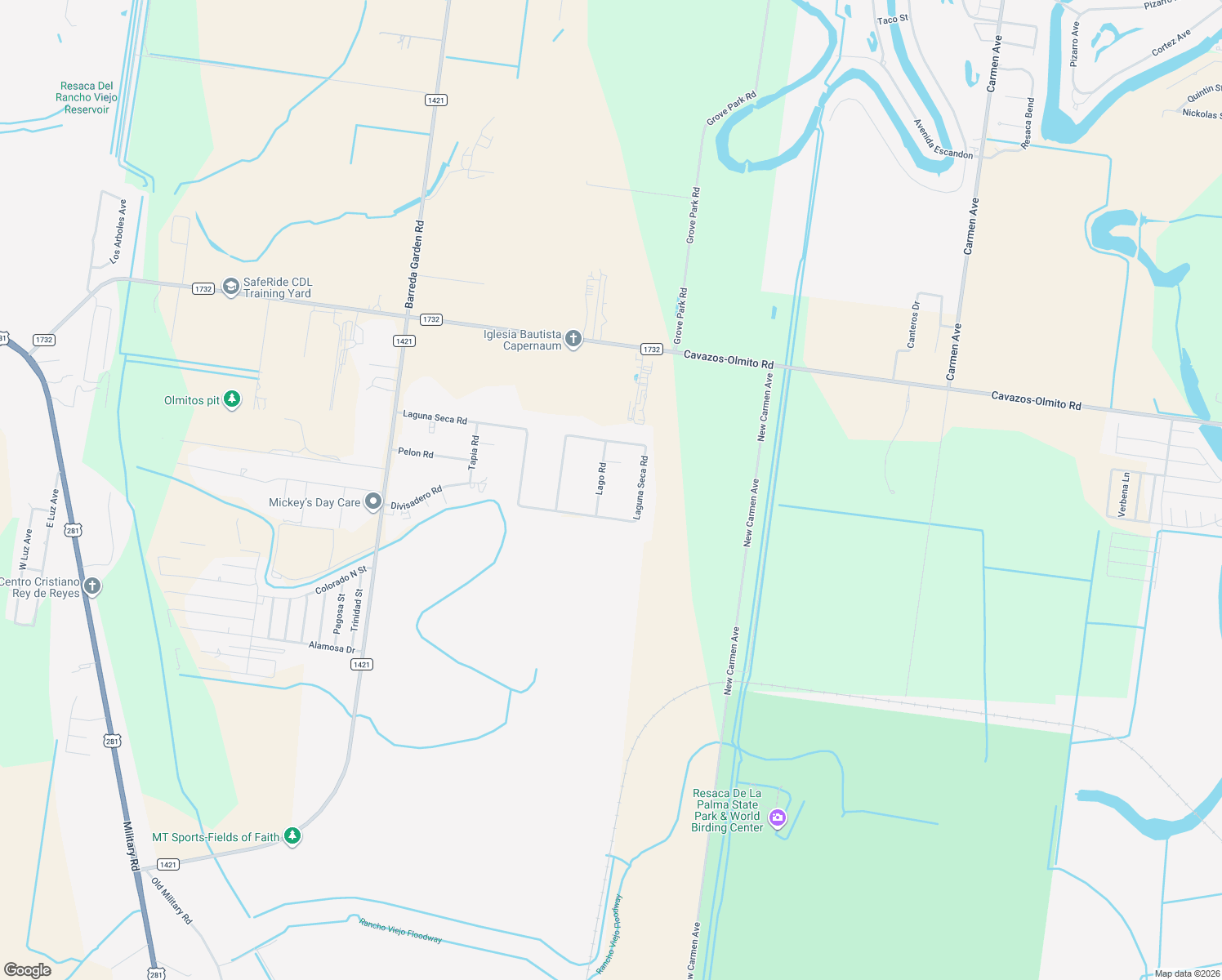map of restaurants, bars, coffee shops, grocery stores, and more near 1047 Lago Road in Brownsville