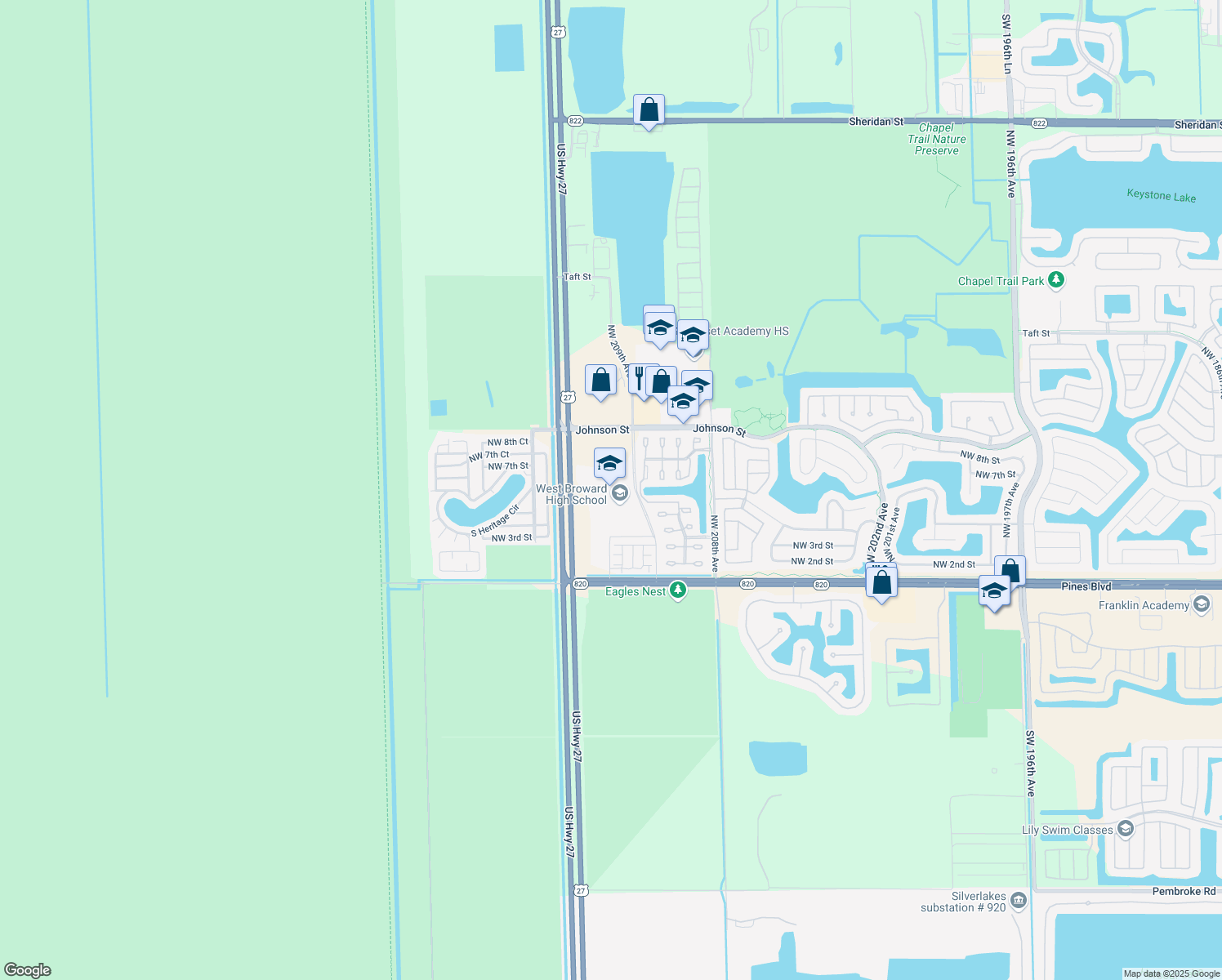 map of restaurants, bars, coffee shops, grocery stores, and more near 500 Northwest 209th Avenue in Pembroke Pines