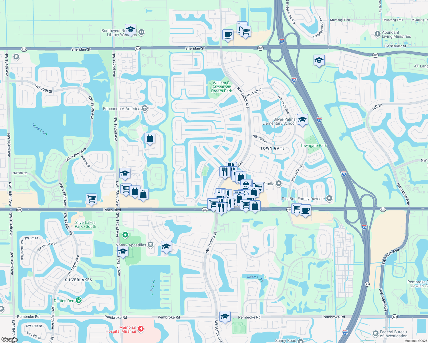 map of restaurants, bars, coffee shops, grocery stores, and more near 672 Northwest 162nd Avenue in Pembroke Pines