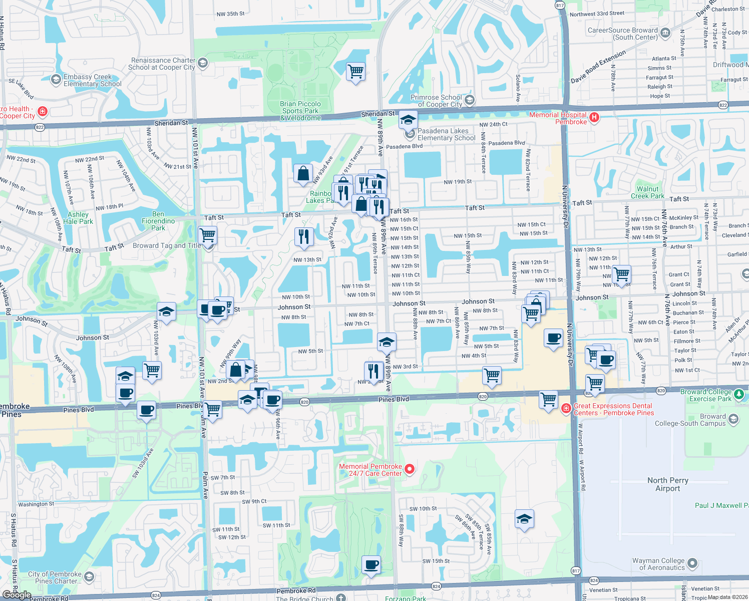 map of restaurants, bars, coffee shops, grocery stores, and more near 8901 Johnson Street in Pembroke Pines