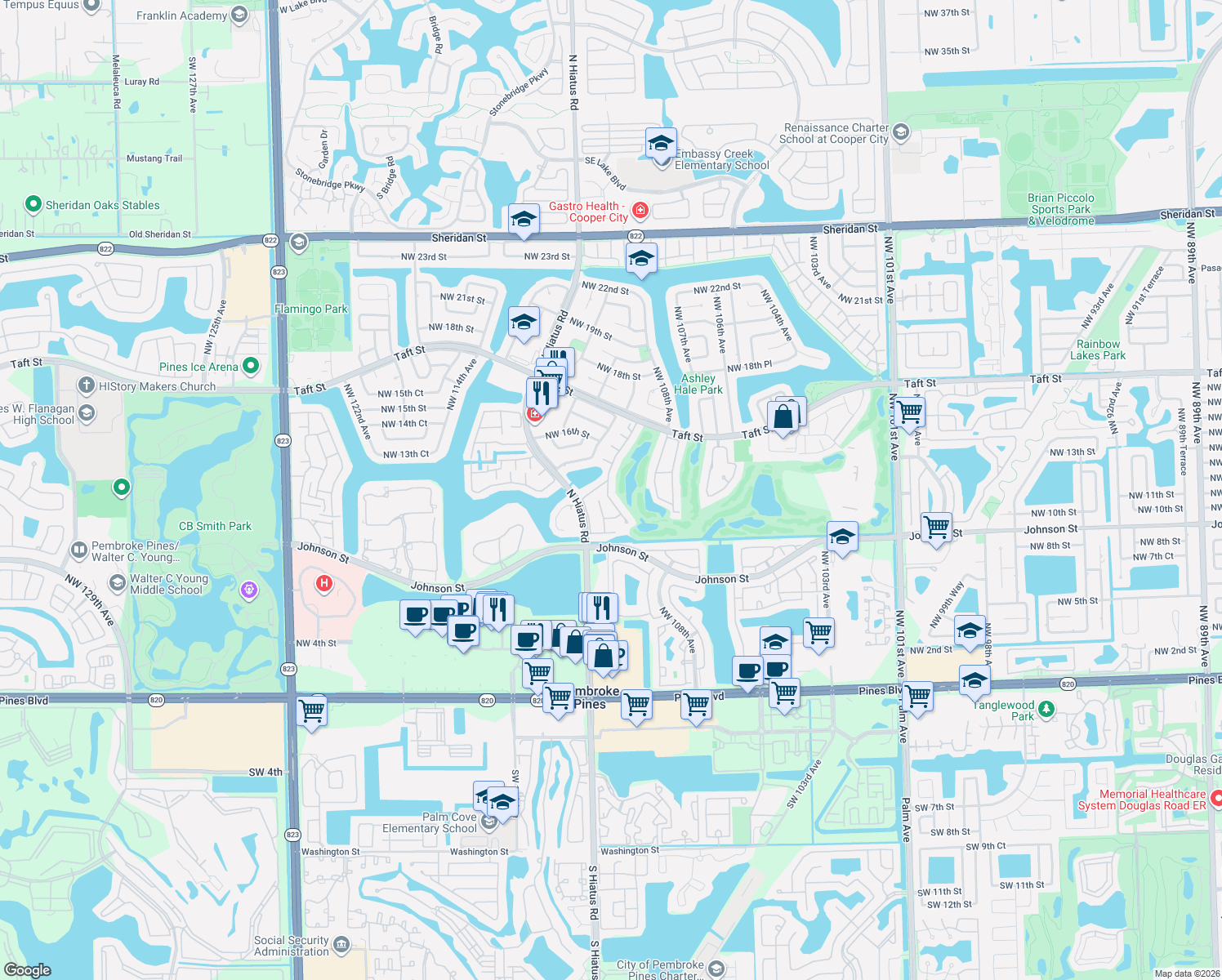 map of restaurants, bars, coffee shops, grocery stores, and more near 1231 West Fairway Road in Pembroke Pines