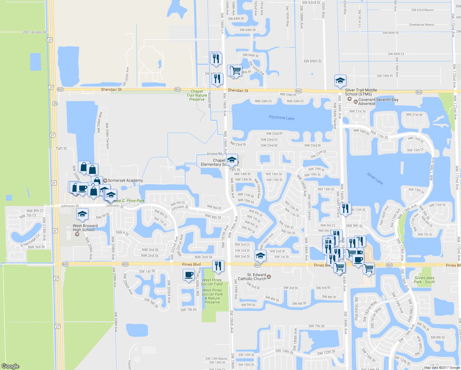map of restaurants, bars, coffee shops, grocery stores, and more near 1222 Northwest 195th Avenue in Pembroke Pines