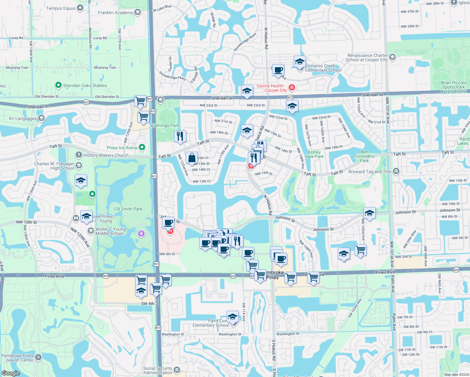 map of restaurants, bars, coffee shops, grocery stores, and more near 1490 Northwest 113th Avenue in Pembroke Pines