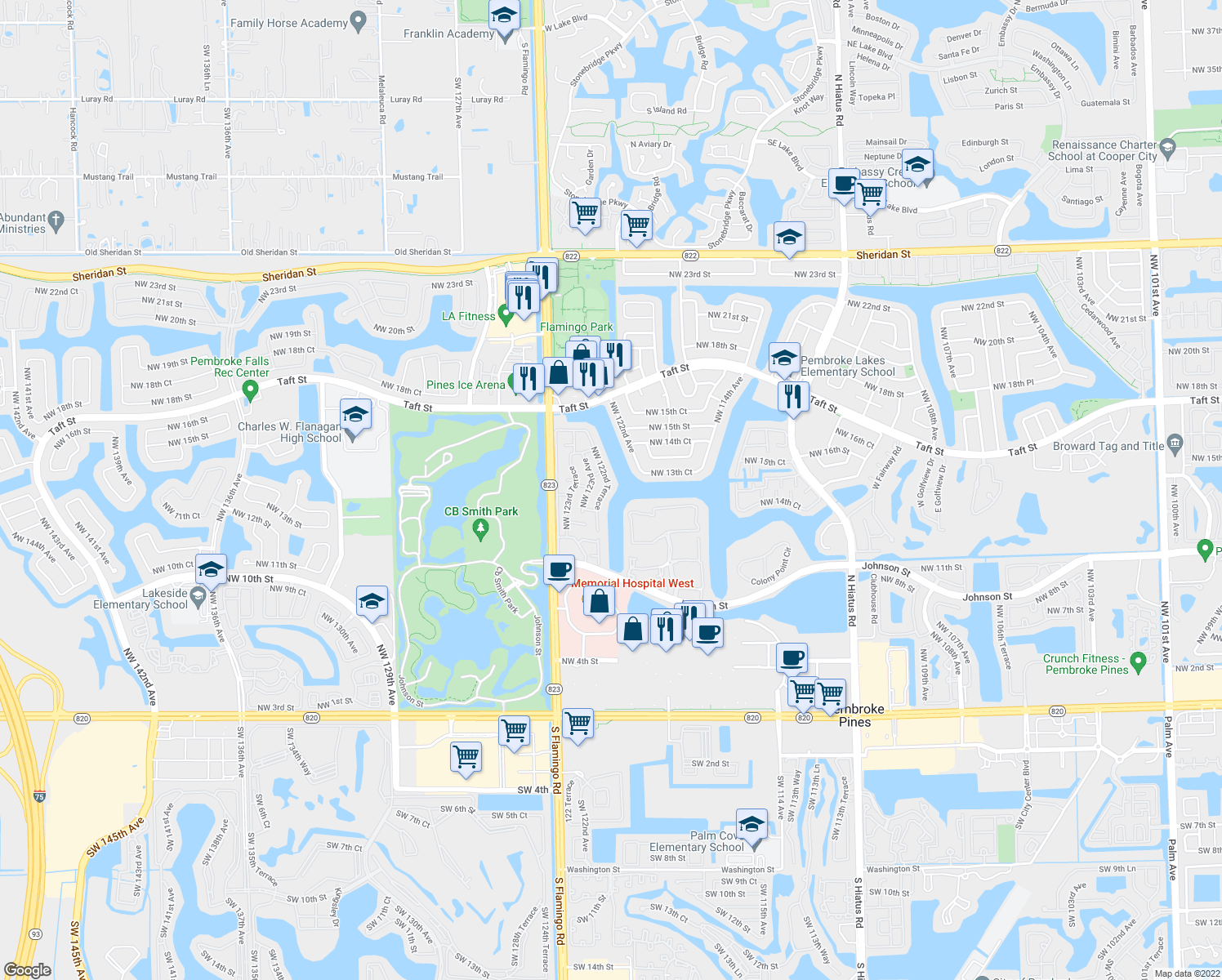 map of restaurants, bars, coffee shops, grocery stores, and more near 1277 Northwest 122nd Terrace in Hollywood
