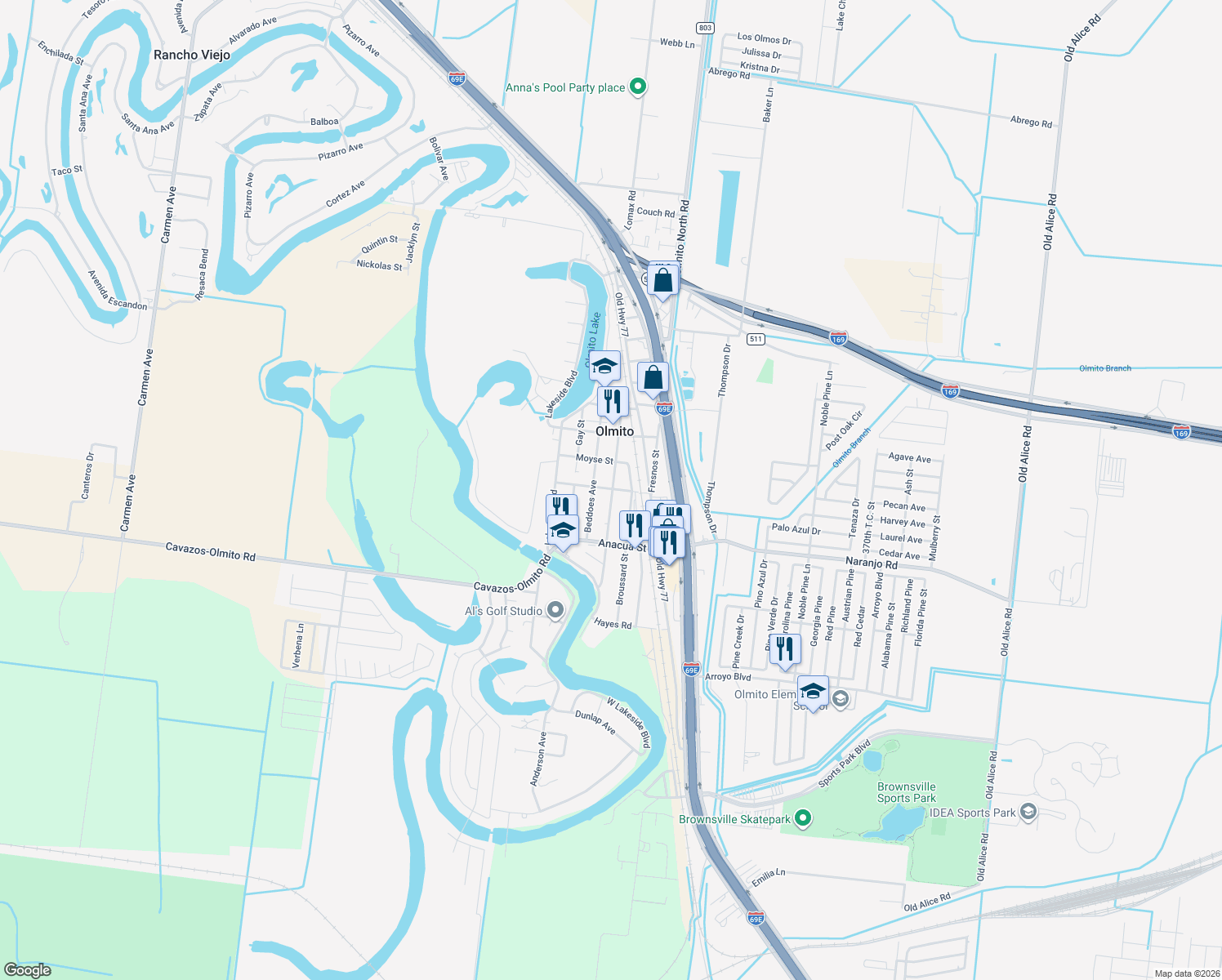 map of restaurants, bars, coffee shops, grocery stores, and more near 9226 Fresnos St in Olmito