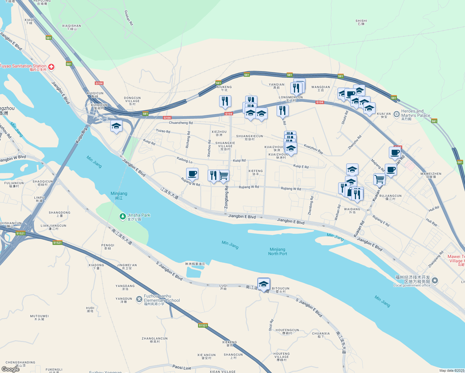 map of restaurants, bars, coffee shops, grocery stores, and more near Ru Jiang Xi Lu in Fu Zhou Shi