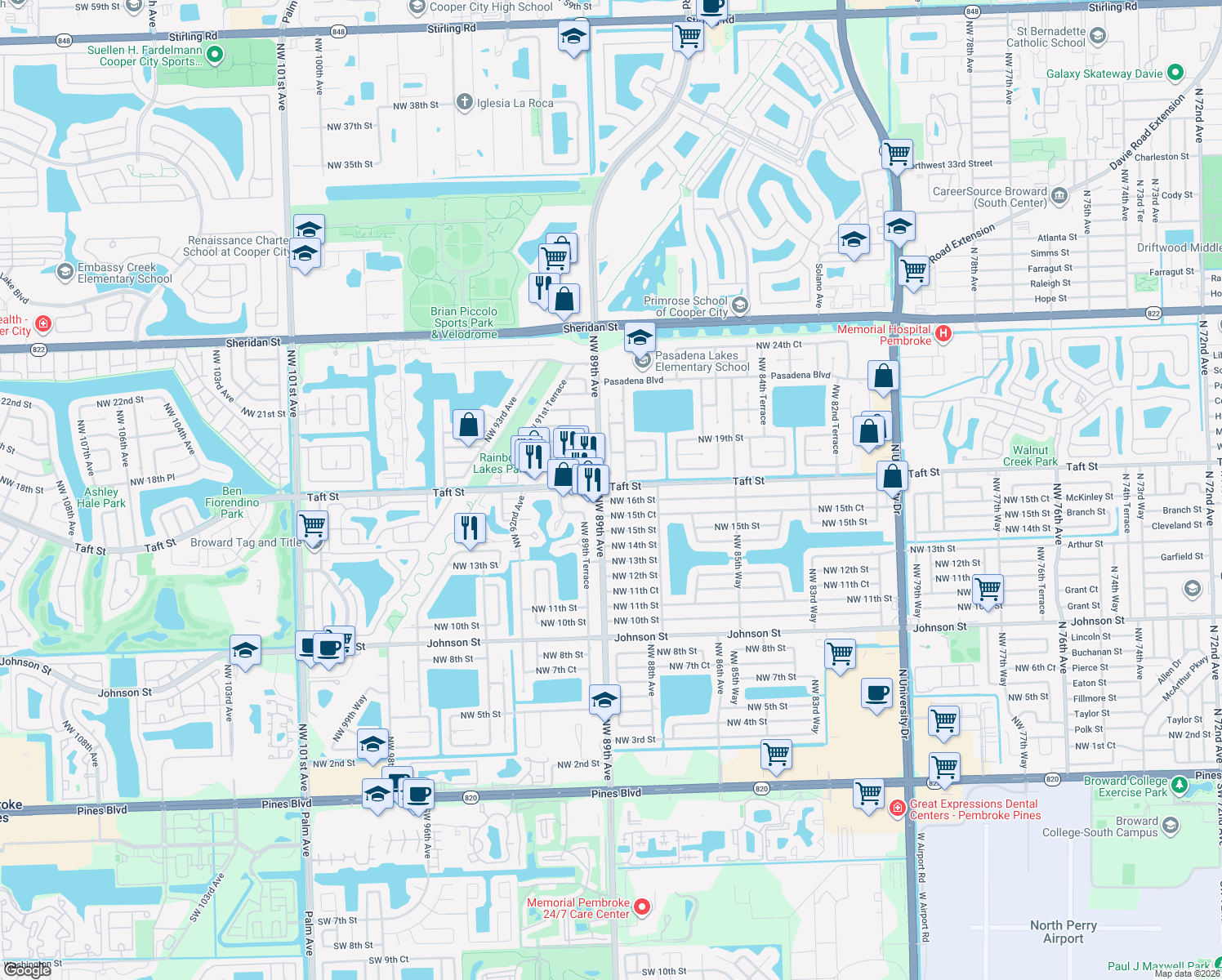 map of restaurants, bars, coffee shops, grocery stores, and more near 8870 Taft Street in Pembroke Pines