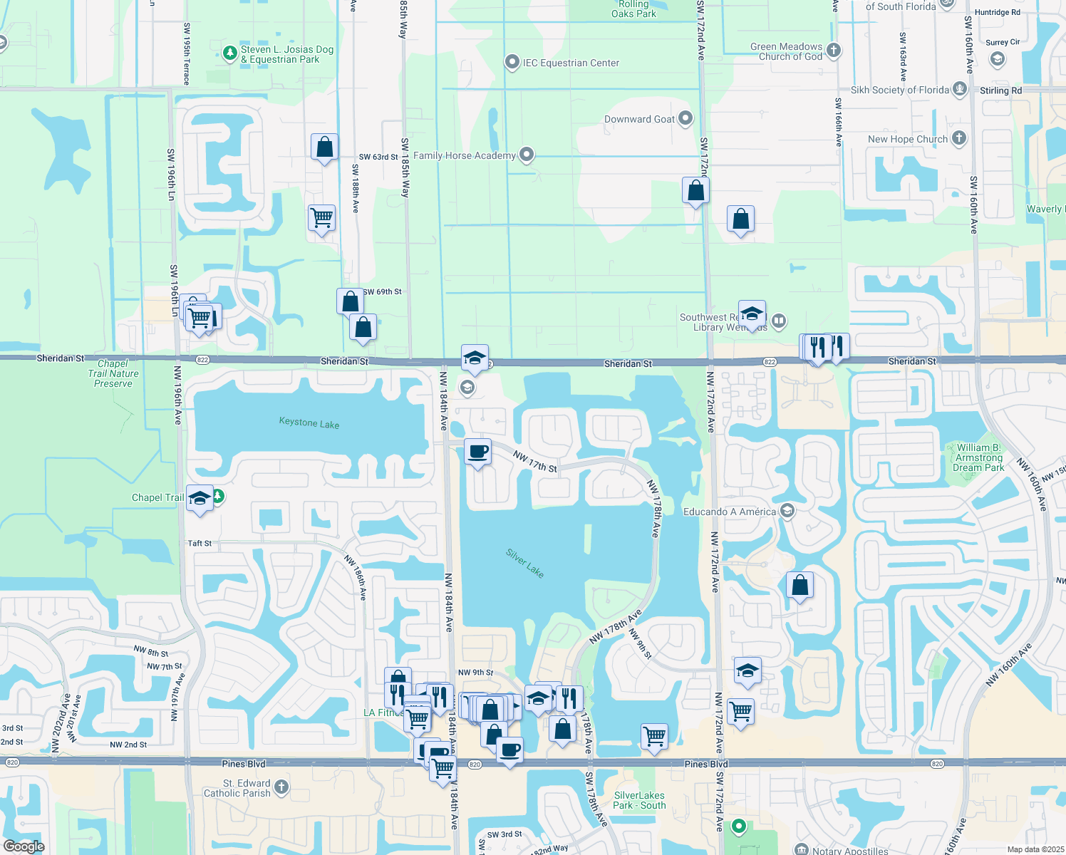 map of restaurants, bars, coffee shops, grocery stores, and more near 2017 Northwest 182nd Avenue in Pembroke Pines
