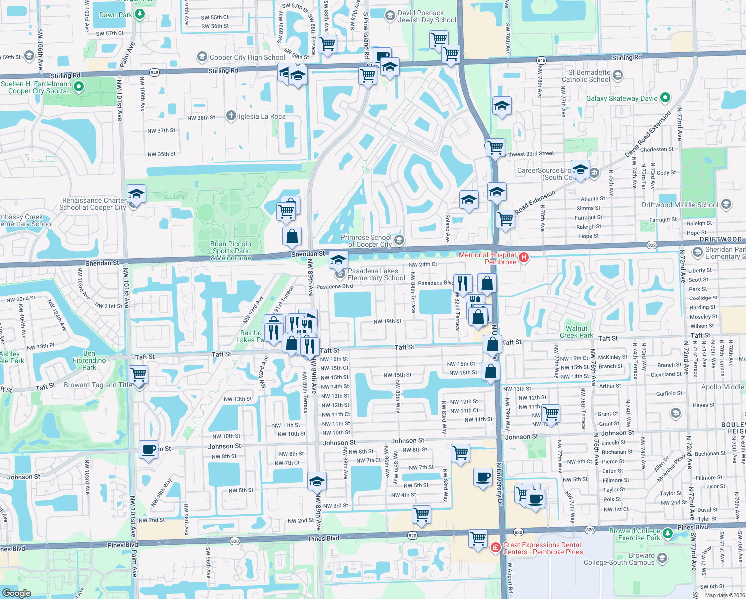 map of restaurants, bars, coffee shops, grocery stores, and more near 2000 Northwest 86th Terrace in Pembroke Pines