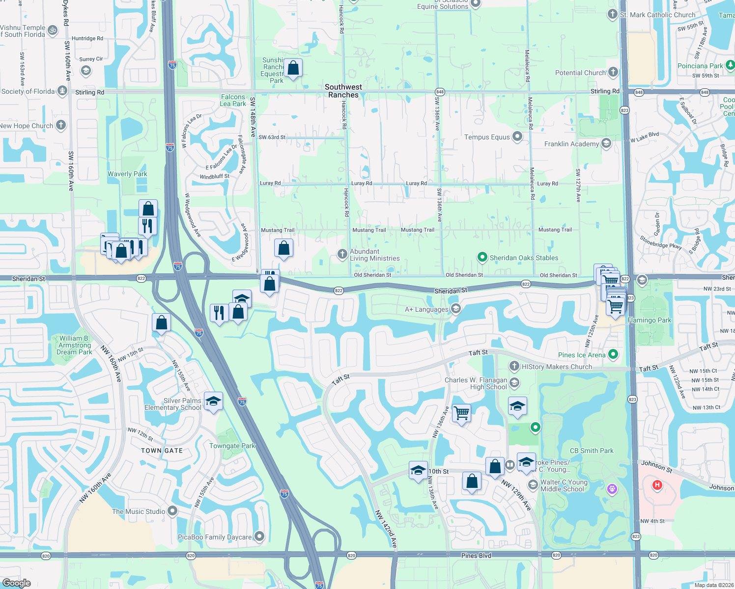 map of restaurants, bars, coffee shops, grocery stores, and more near 2178 Northwest 138th Terrace in Pembroke Pines