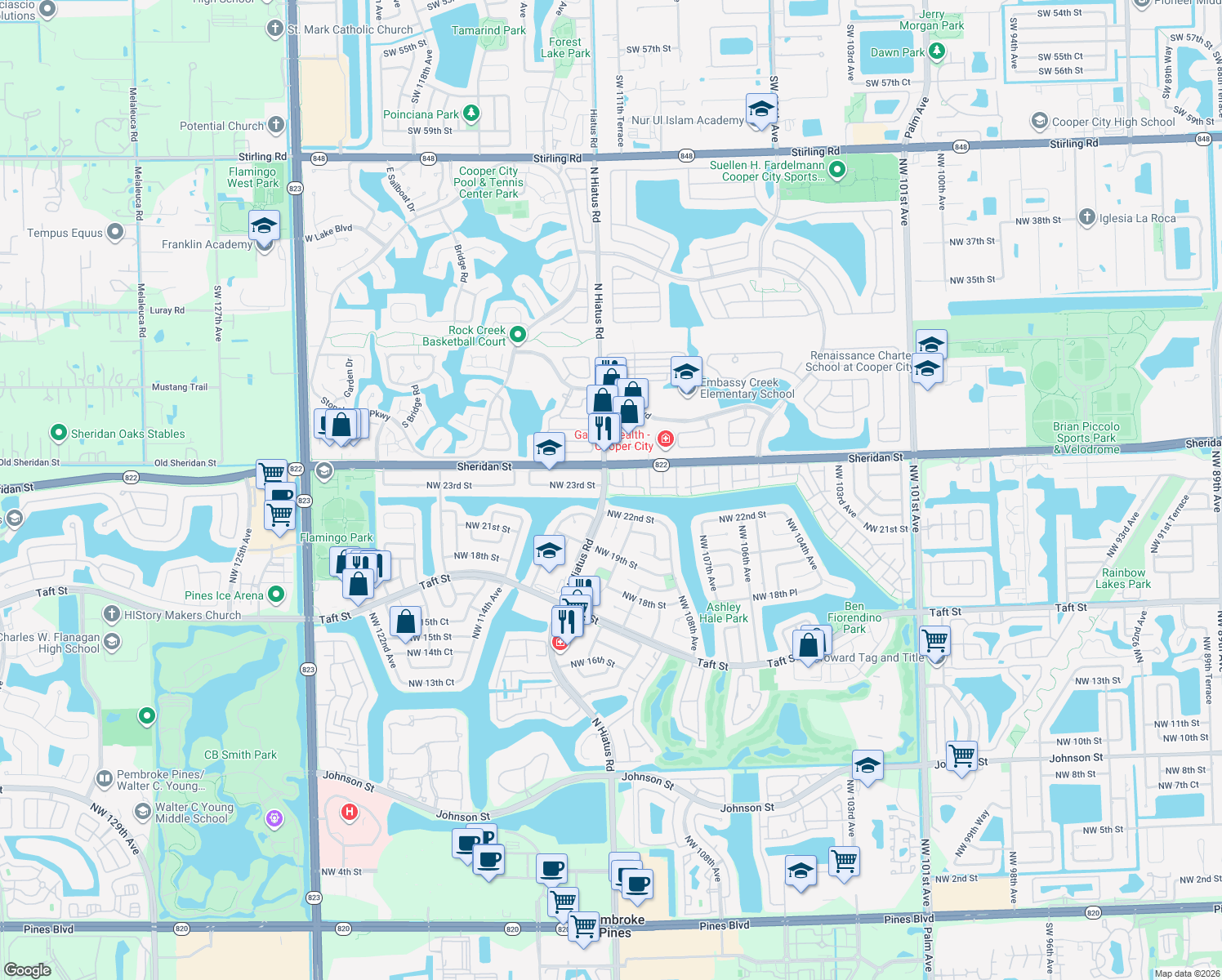 map of restaurants, bars, coffee shops, grocery stores, and more near 11180 Redwood Avenue in Pembroke Pines