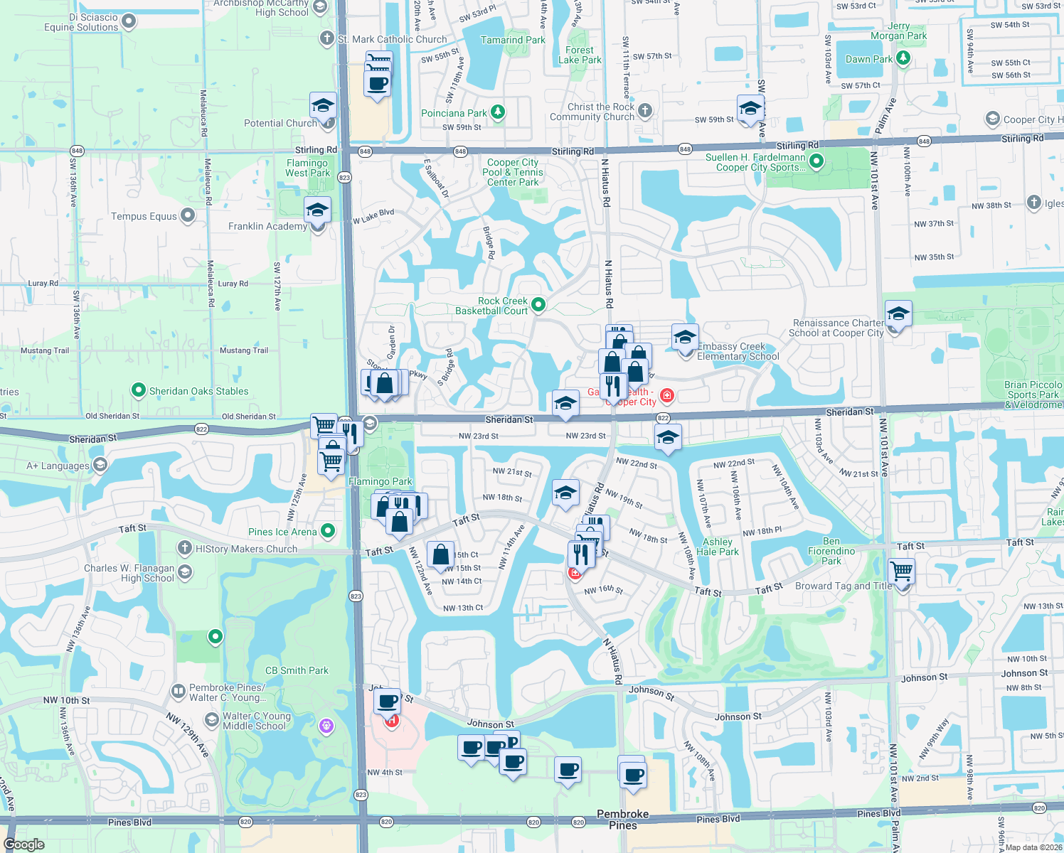 map of restaurants, bars, coffee shops, grocery stores, and more near 11420 Sheridan Street in Pembroke Pines
