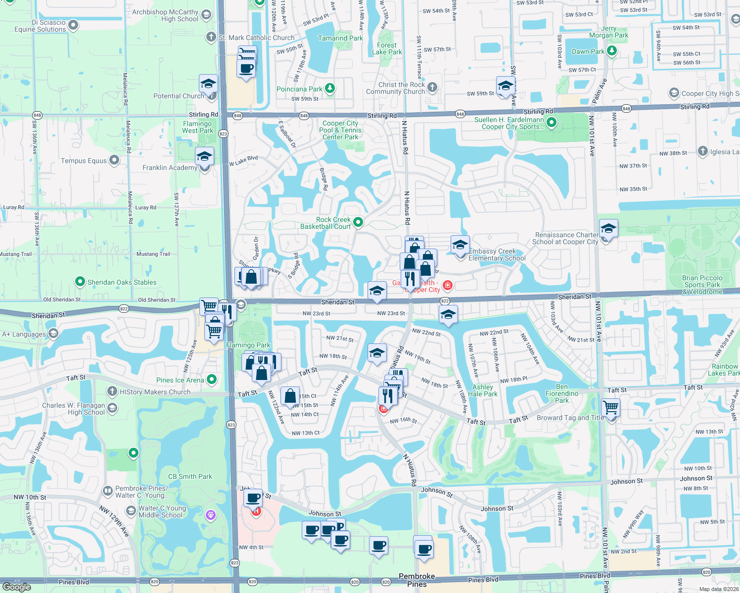 map of restaurants, bars, coffee shops, grocery stores, and more near 11420 Sheridan Street in Pembroke Pines