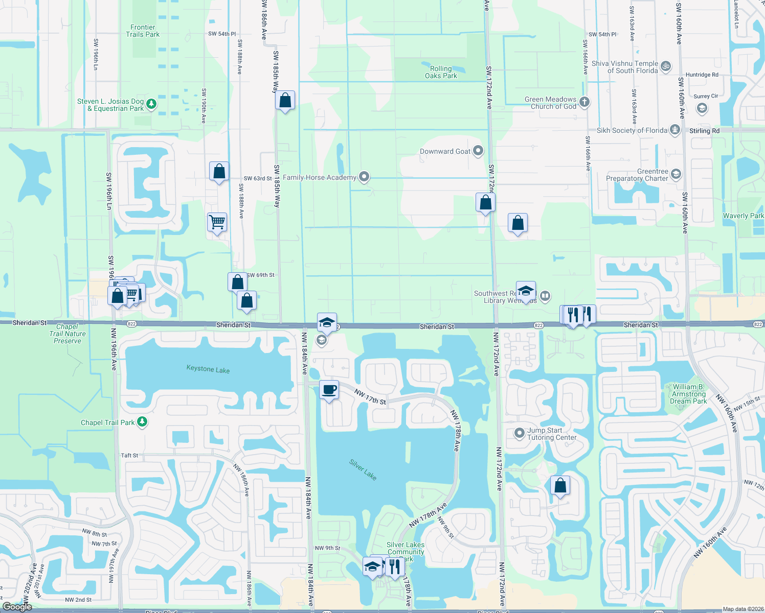 map of restaurants, bars, coffee shops, grocery stores, and more near 17840 Southwest 70th Place in Southwest Ranches