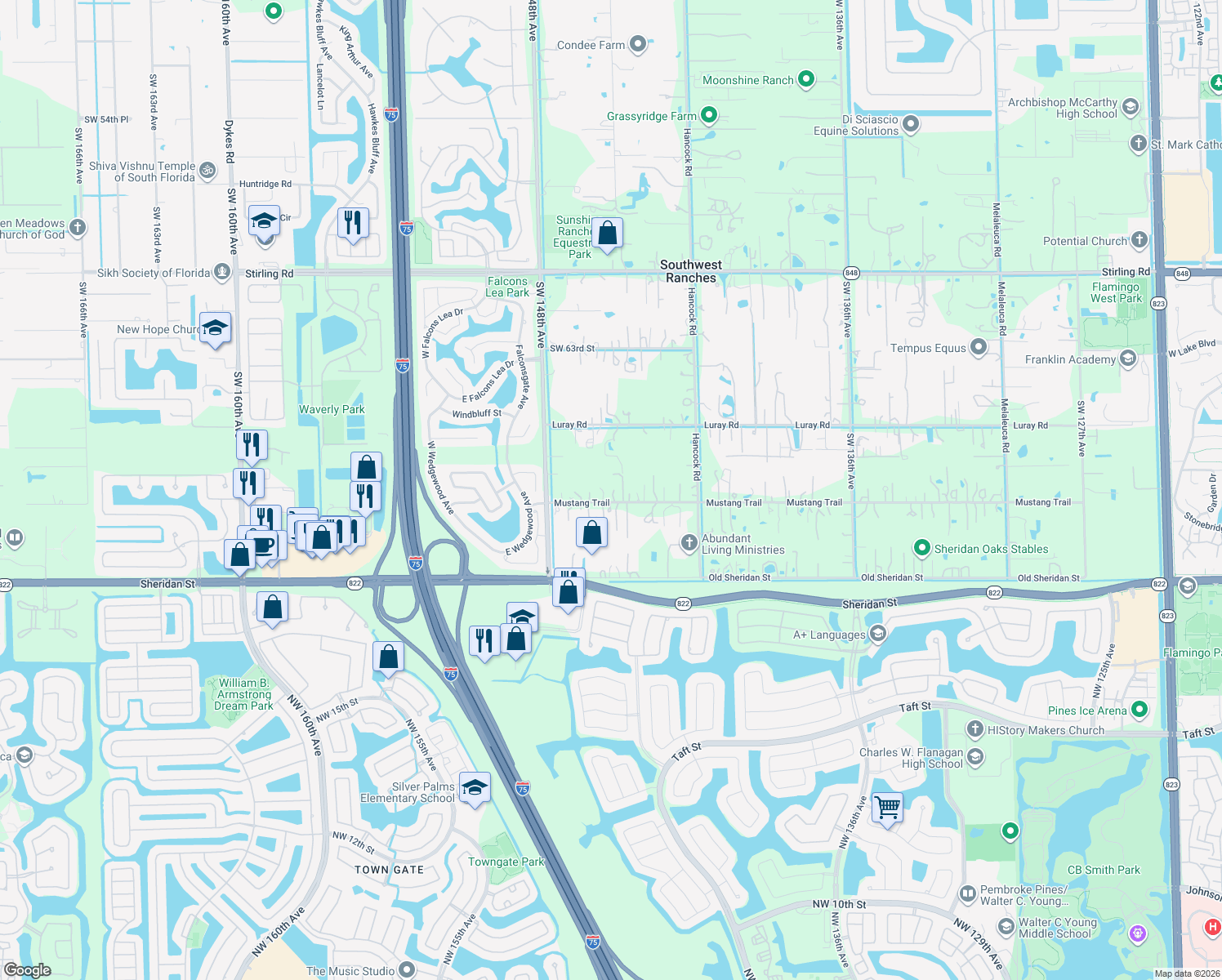 map of restaurants, bars, coffee shops, grocery stores, and more near 14531 Mustang Trail in Southwest Ranches