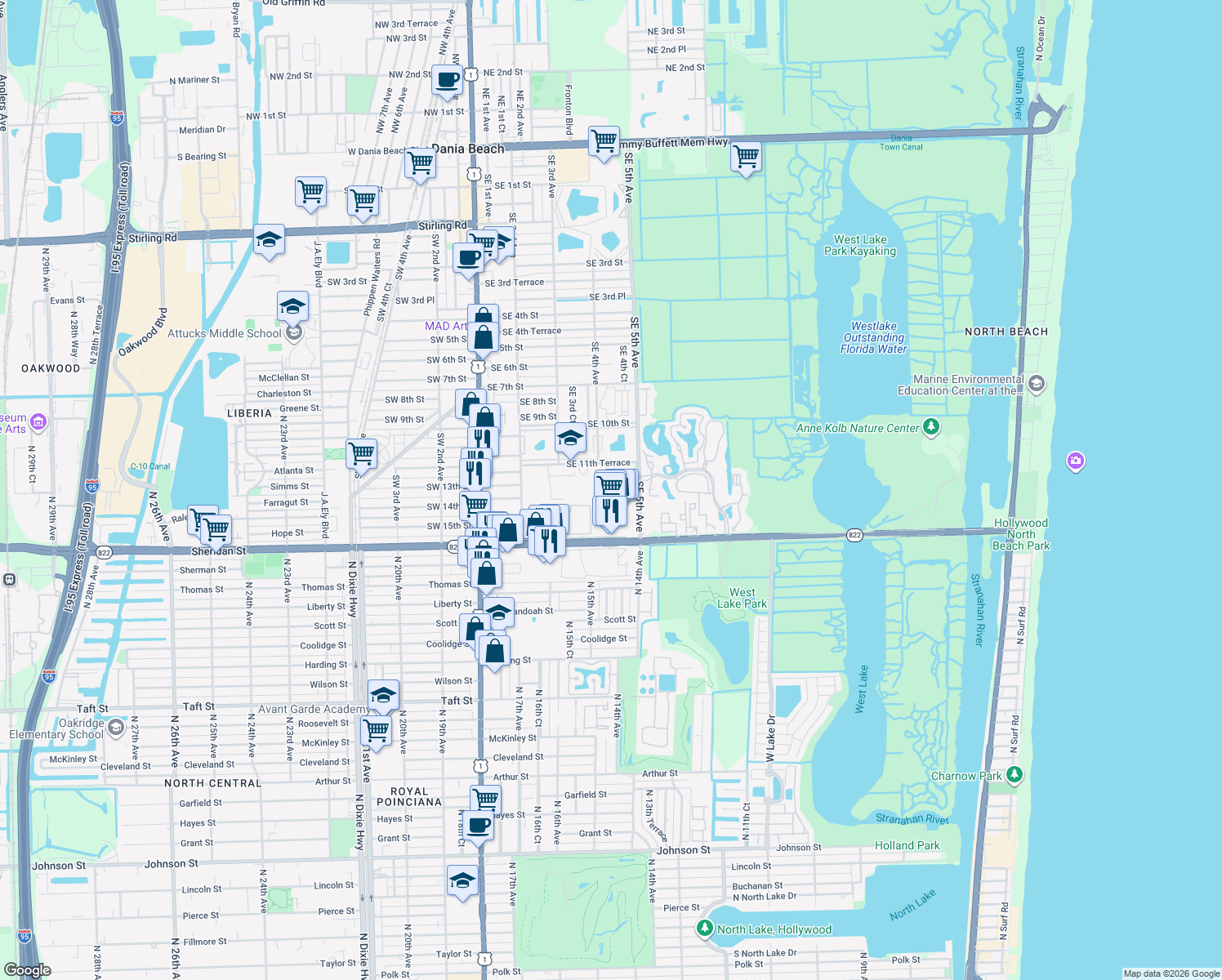 map of restaurants, bars, coffee shops, grocery stores, and more near 407 Southeast 14th Street in Dania Beach