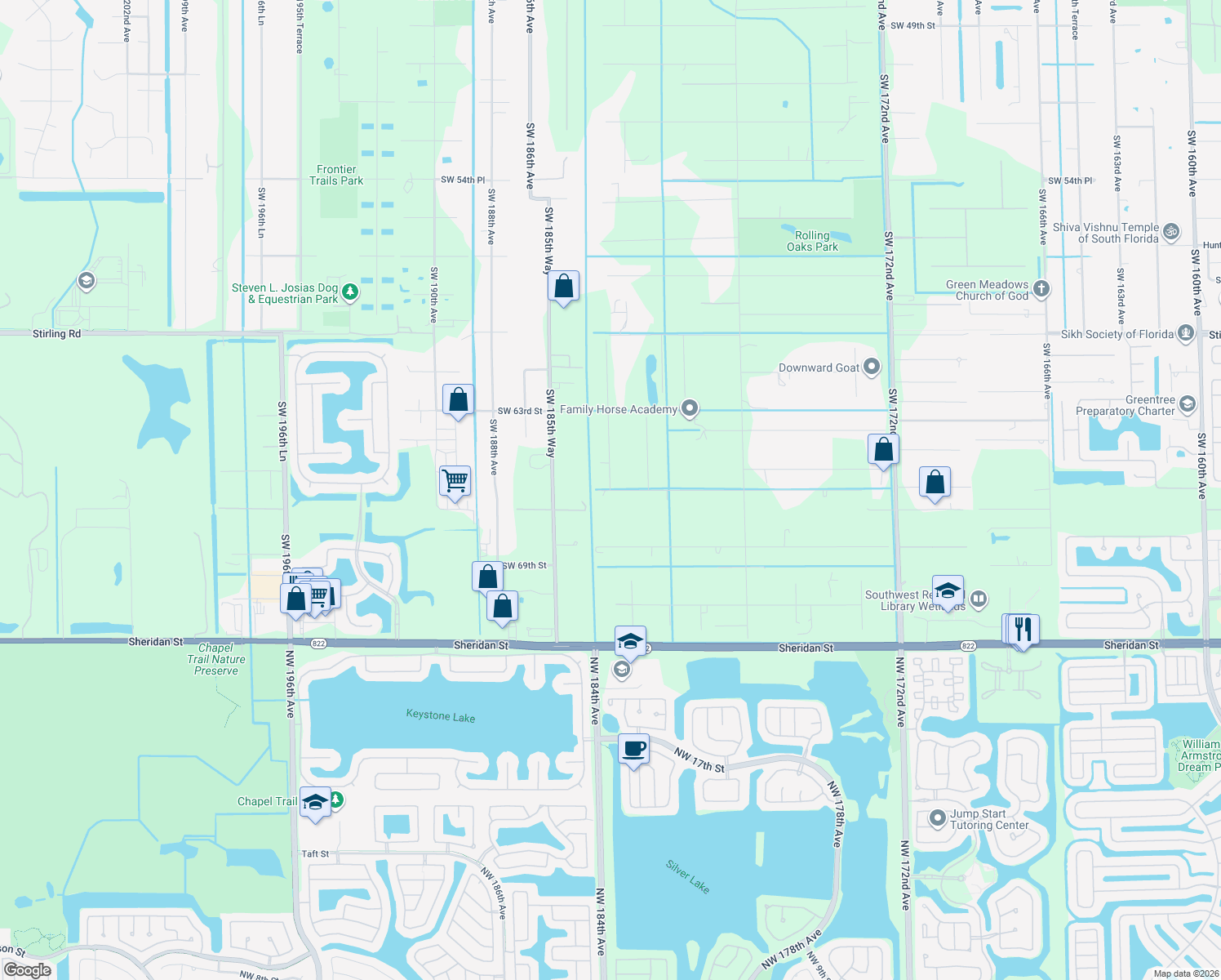 map of restaurants, bars, coffee shops, grocery stores, and more near 18299 Southwest 66th Street in Southwest Ranches