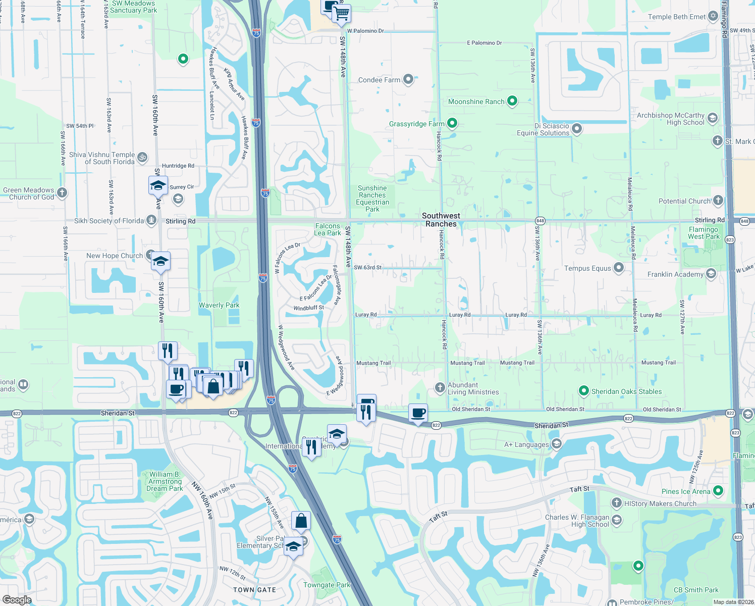 map of restaurants, bars, coffee shops, grocery stores, and more near 14551 Luray Road in Southwest Ranches