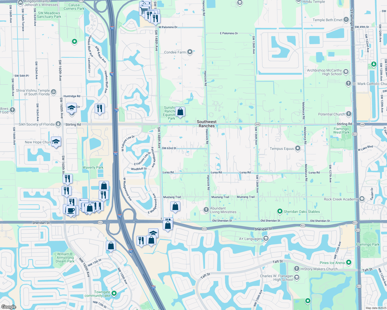map of restaurants, bars, coffee shops, grocery stores, and more near 14400 Southwest 63rd Street in Southwest Ranches