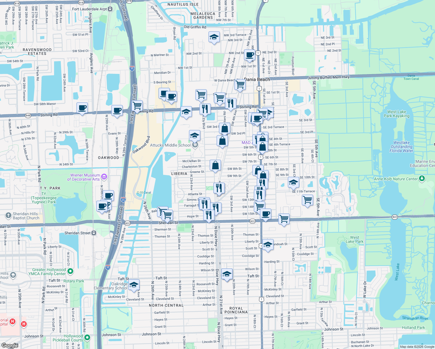 map of restaurants, bars, coffee shops, grocery stores, and more near 730 Southwest 4th Court in Dania Beach