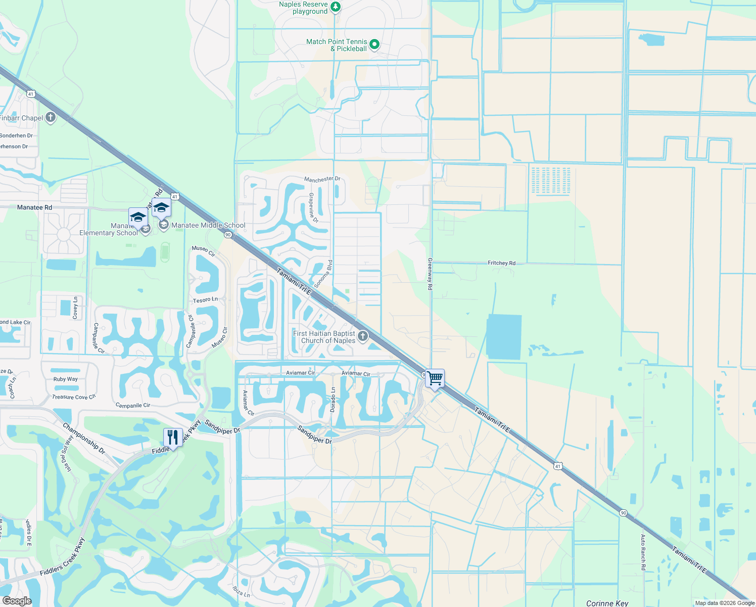 map of restaurants, bars, coffee shops, grocery stores, and more near 107 Kathy Lane in Naples