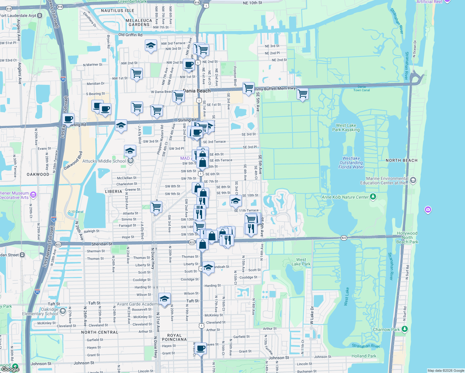 map of restaurants, bars, coffee shops, grocery stores, and more near 707 Southeast 3rd Avenue in Dania Beach