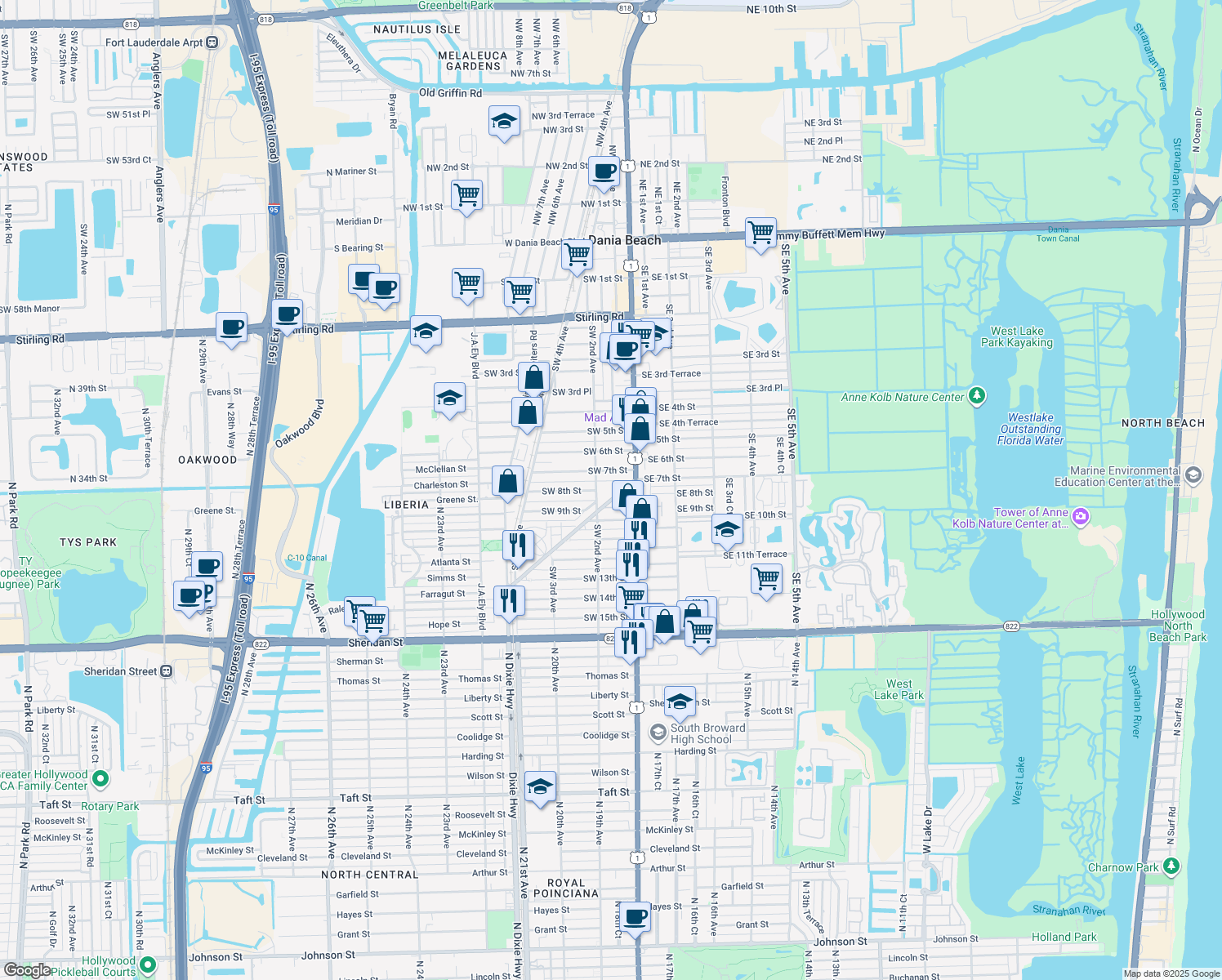 map of restaurants, bars, coffee shops, grocery stores, and more near 2 West Dixie Highway in Dania Beach