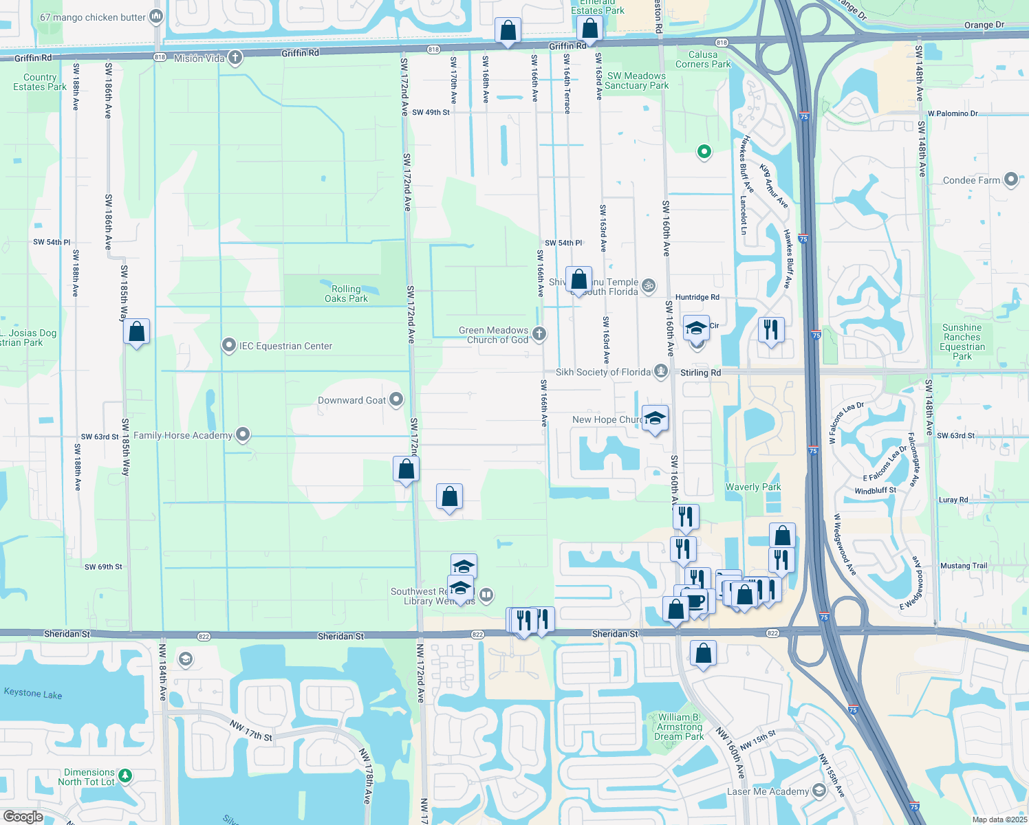 map of restaurants, bars, coffee shops, grocery stores, and more near 16725 Southwest 62nd Street in Southwest Ranches