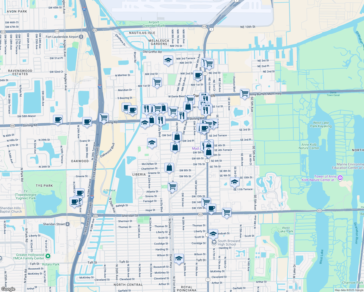 map of restaurants, bars, coffee shops, grocery stores, and more near 258 Southwest 4th Street in Dania Beach