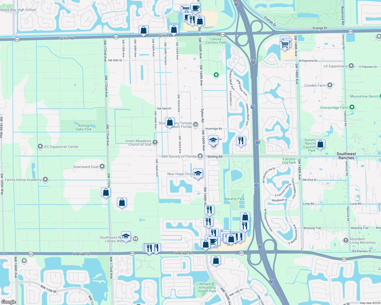map of restaurants, bars, coffee shops, grocery stores, and more near 16201 Stirling Road in Southwest Ranches