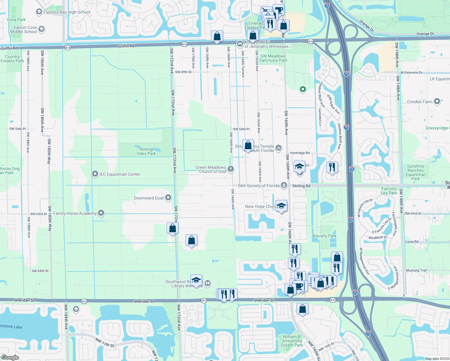 map of restaurants, bars, coffee shops, grocery stores, and more near 16660 Southwest 59th Court in Southwest Ranches