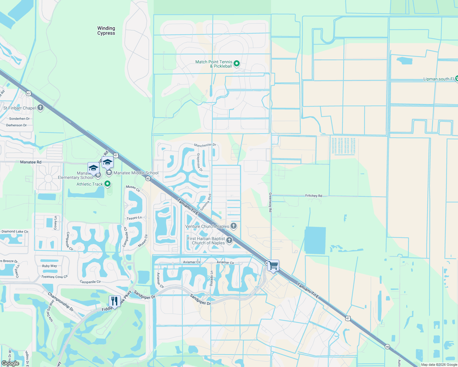 map of restaurants, bars, coffee shops, grocery stores, and more near 181 Grassy Key Lane in Naples