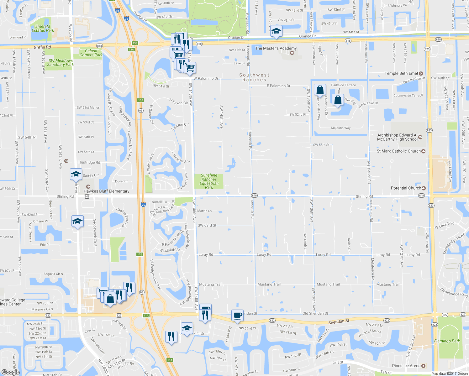 map of restaurants, bars, coffee shops, grocery stores, and more near 14311 Stirling Road in Southwest Ranches