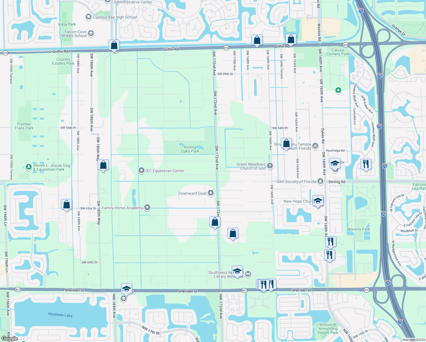 map of restaurants, bars, coffee shops, grocery stores, and more near 17201 Southwest 59th Court in Southwest Ranches