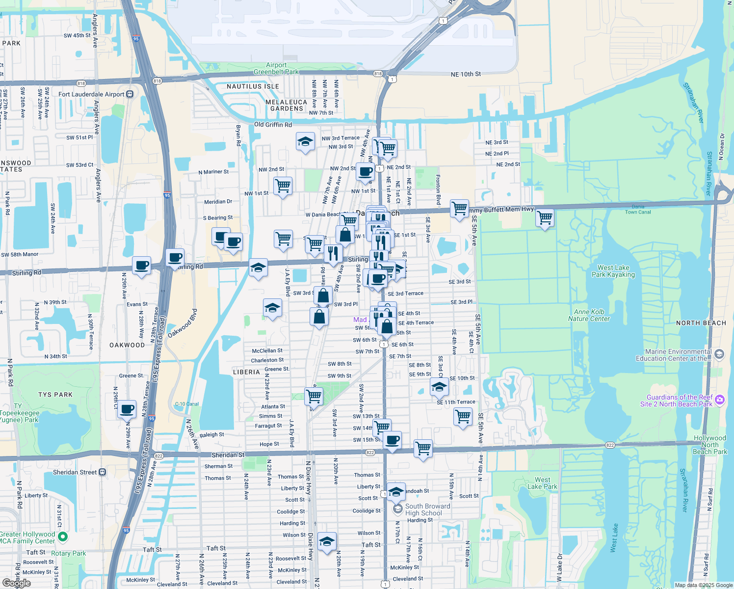 map of restaurants, bars, coffee shops, grocery stores, and more near 326 Southwest 1st Avenue in Dania Beach