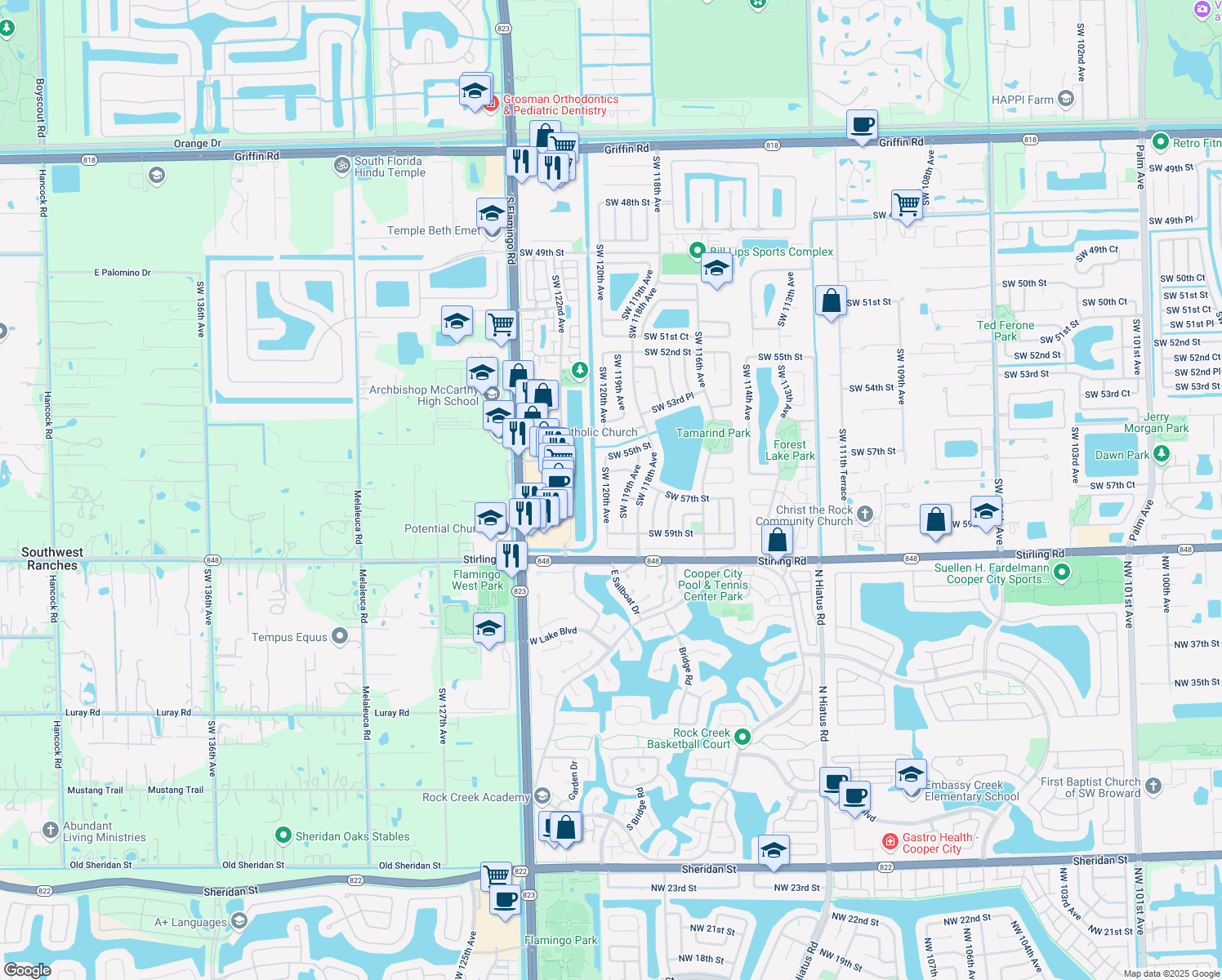 map of restaurants, bars, coffee shops, grocery stores, and more near 5700 Southwest 120th Avenue in Cooper City