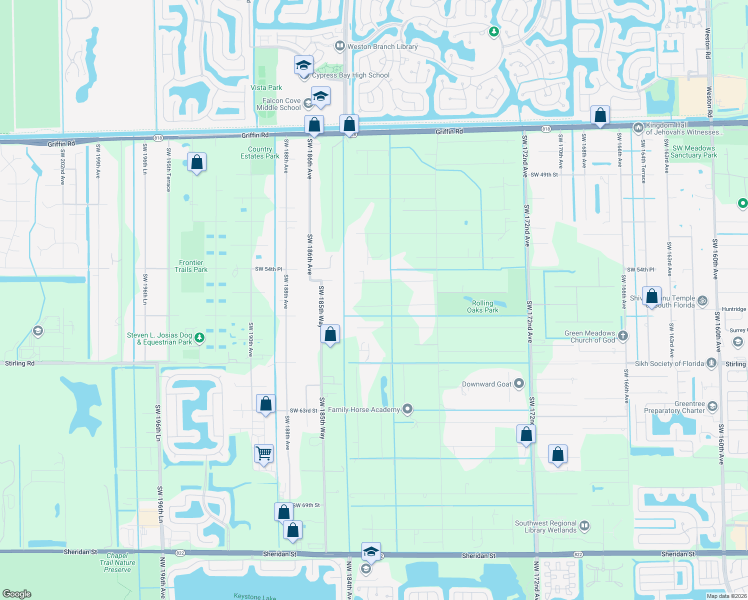 map of restaurants, bars, coffee shops, grocery stores, and more near 18201 Southwest 57th Street in Southwest Ranches