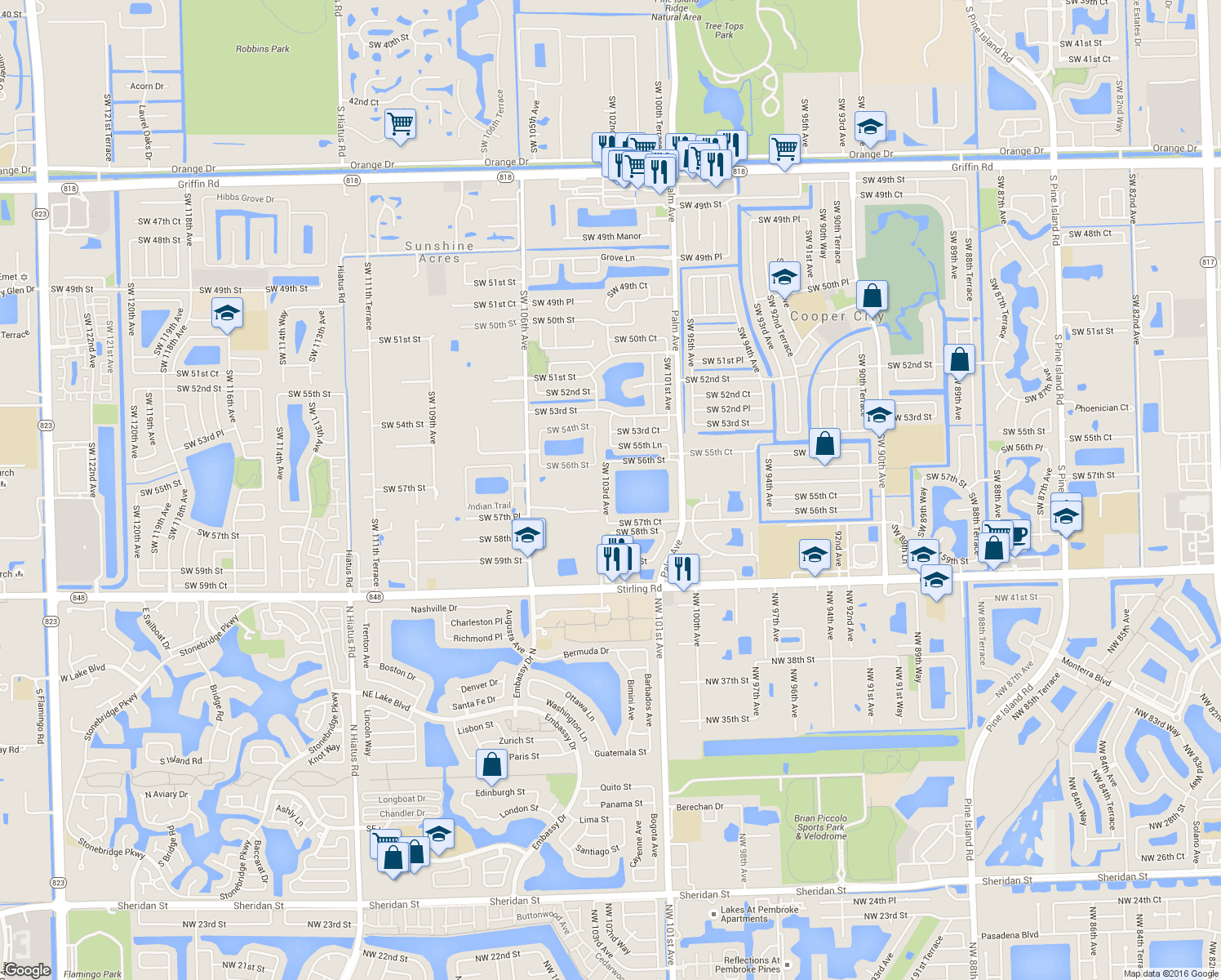 map of restaurants, bars, coffee shops, grocery stores, and more near 5670 Southwest 103rd Avenue in Cooper City