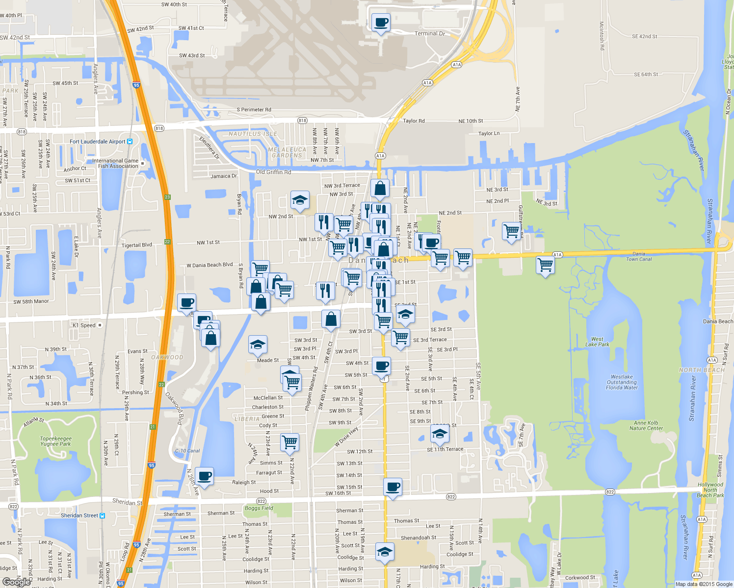 map of restaurants, bars, coffee shops, grocery stores, and more near 141 SW 1st Ct in Dania Beach