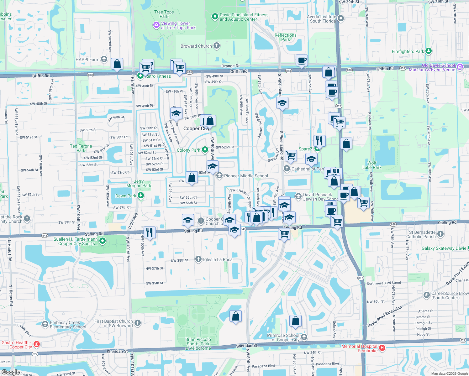 map of restaurants, bars, coffee shops, grocery stores, and more near 8941 Southwest 57th Street in Cooper City