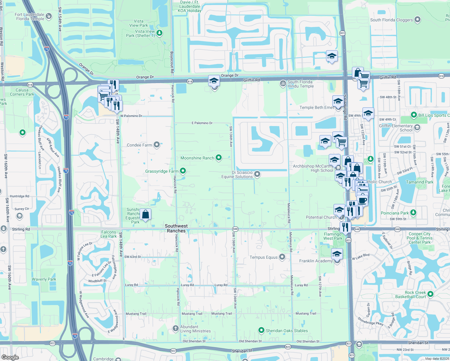 map of restaurants, bars, coffee shops, grocery stores, and more near 5533 Southwest 136th Avenue in Southwest Ranches