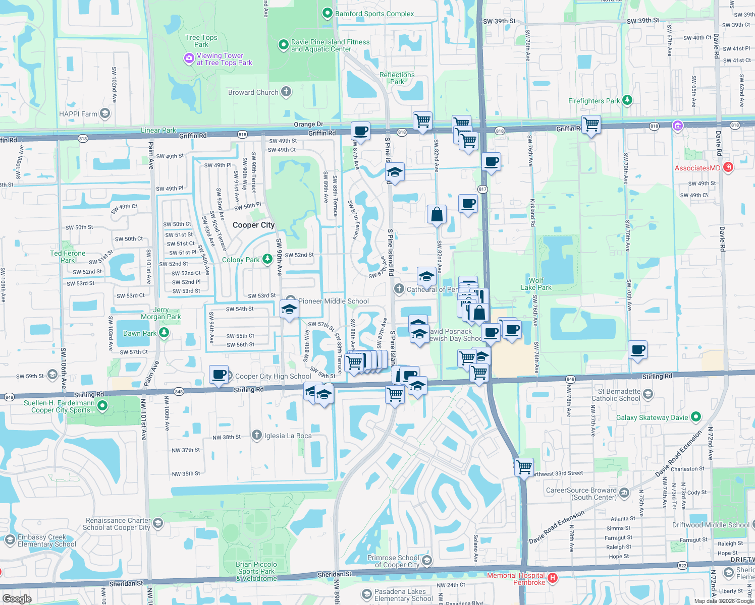 map of restaurants, bars, coffee shops, grocery stores, and more near 8725 Southwest 56th Place in Cooper City