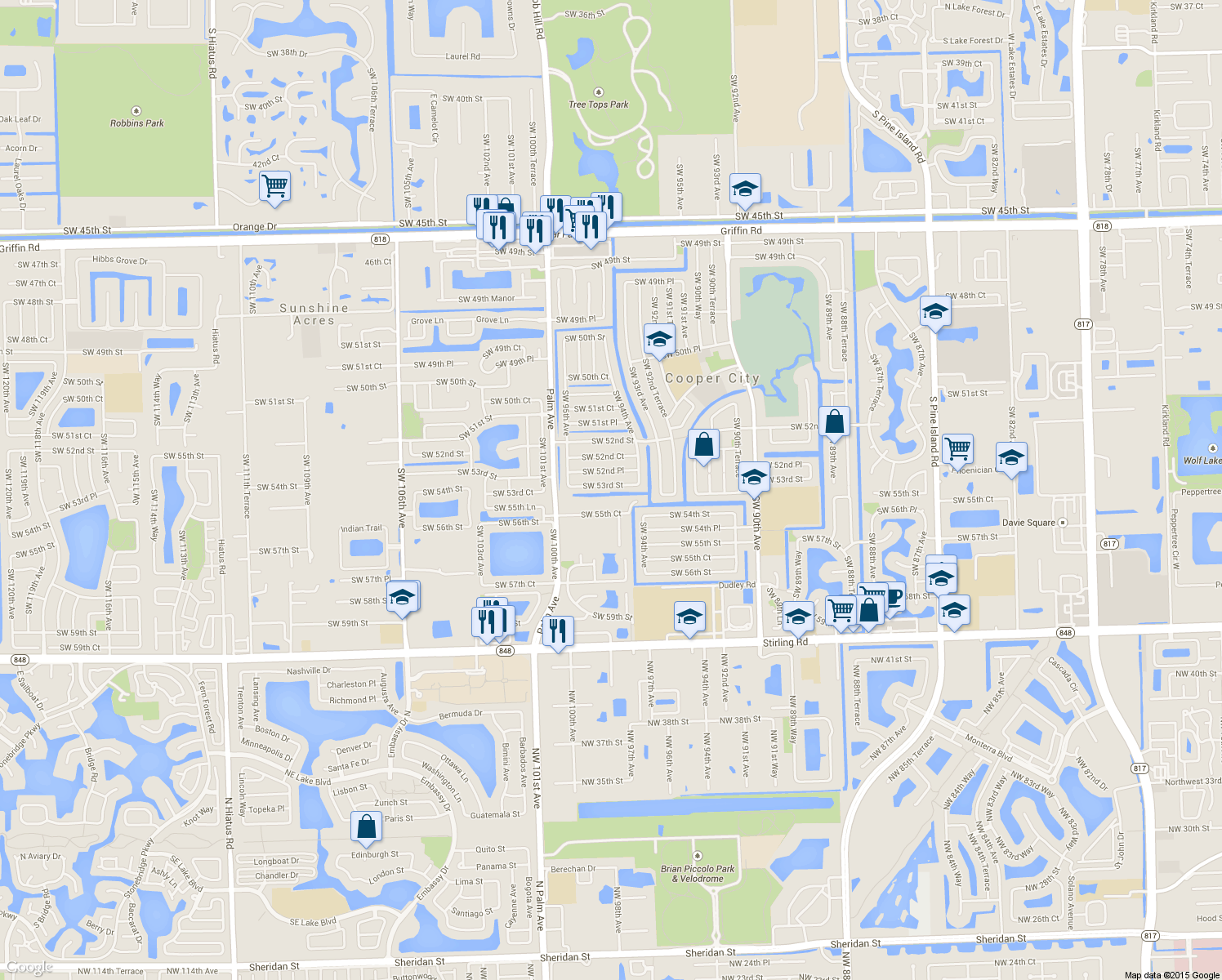 map of restaurants, bars, coffee shops, grocery stores, and more near 9428 Southwest 53rd Street in Cooper City
