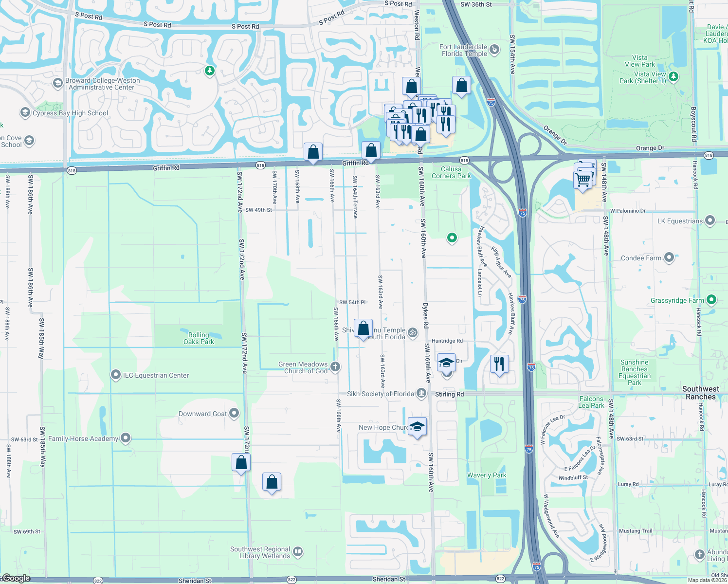 map of restaurants, bars, coffee shops, grocery stores, and more near 5400 Southwest 164th Terrace in Southwest Ranches